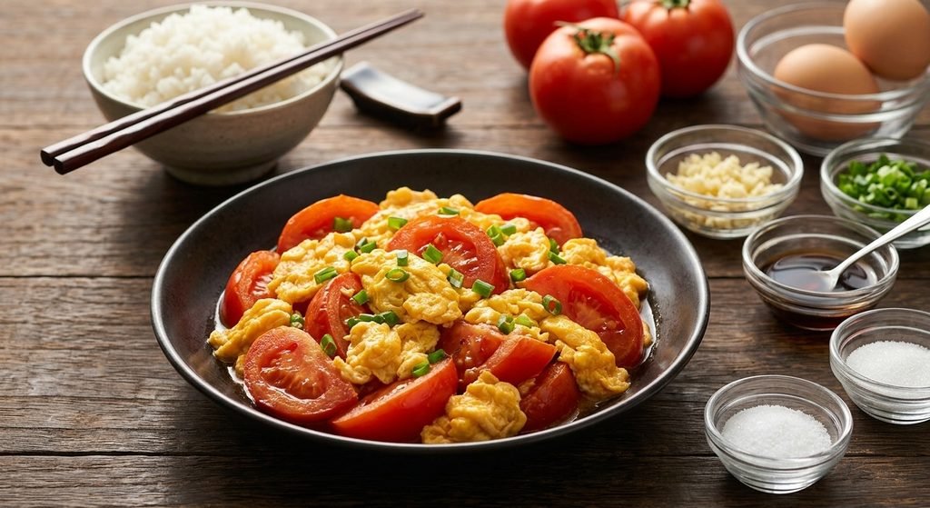 Alt Text: Traditional Chinese tomato and egg stir-fry served with rice, demonstrating easy chinese dishes recipes.