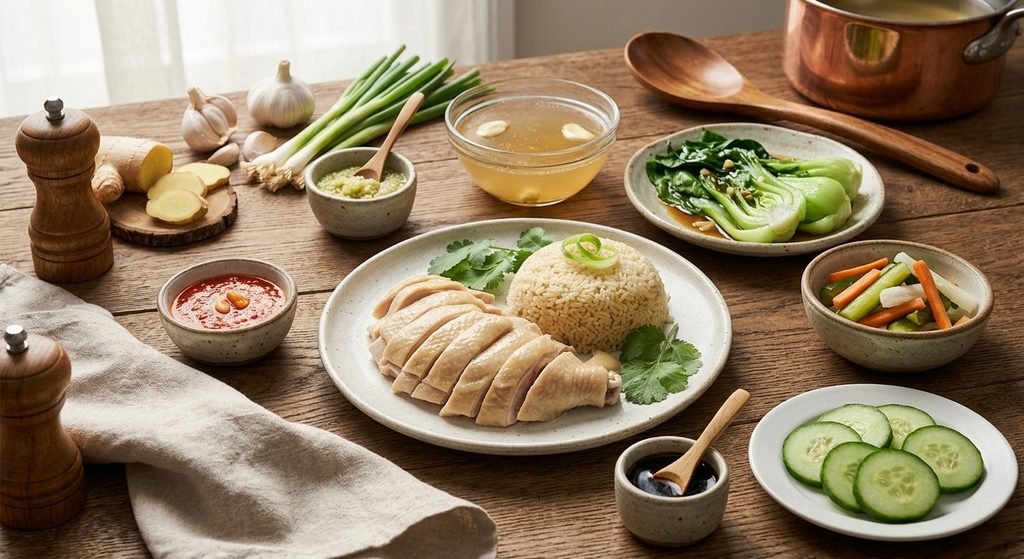 Complete Hainanese Chicken Rice Recipe feast with side dishes including bok choy, pickles, and chicken soup.