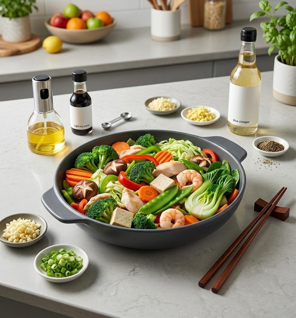 A visual breakdown showing is Chinese food healthy with balanced portions of fresh vegetables, lean protein, and steamed dishes.