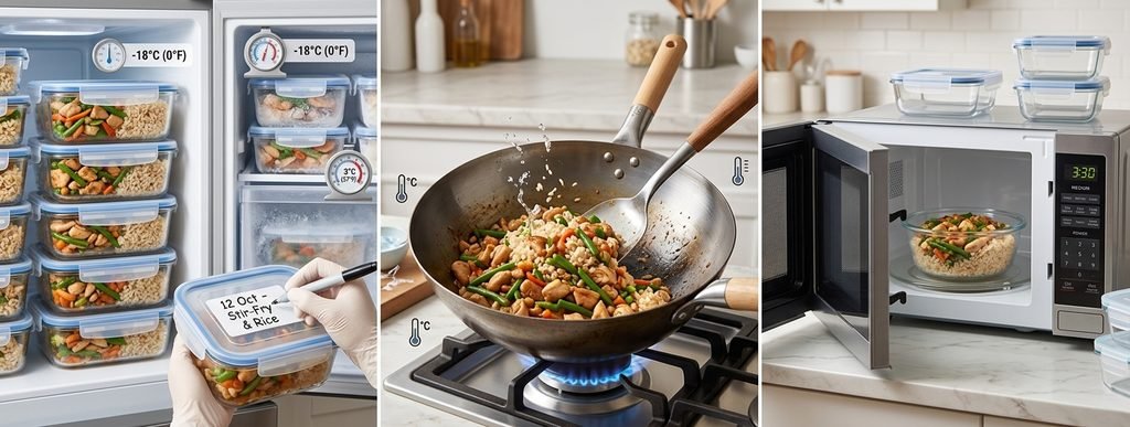 A six-panel comparison of diverse chicken stir fry recipes with rice on different surfaces and in various bowls.
