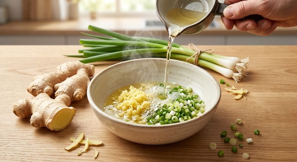 Pouring hot oil over grated ginger and green onions for Hainanese Chicken Rice Recipe ginger sauce.