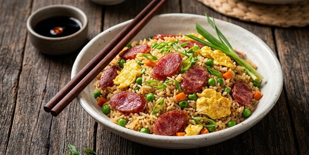 Bowl of delicious Chinese Sausage Fried Rice garnished with green onions