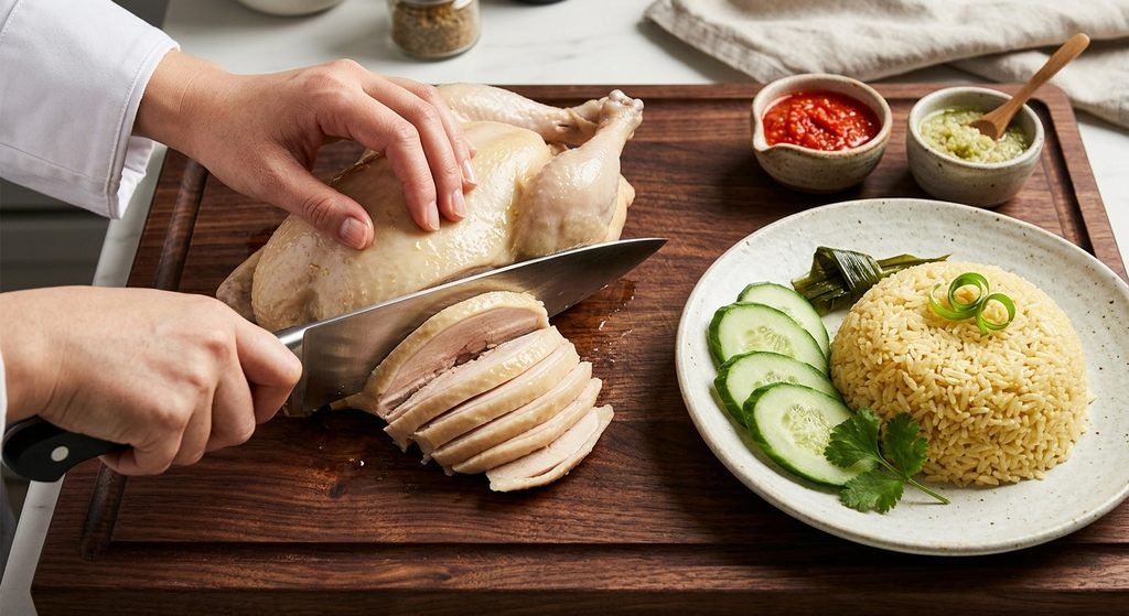 Chef slicing poached chicken on a cutting board to serve Hainanese Chicken Rice Recipe.