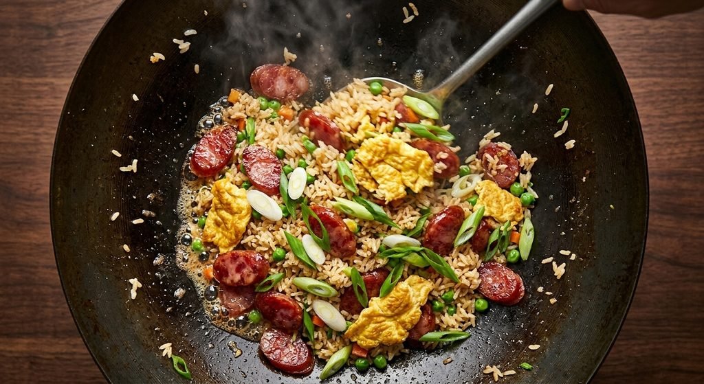 Freshly cooked Chinese Sausage Fried Rice sizzling in a traditional wok