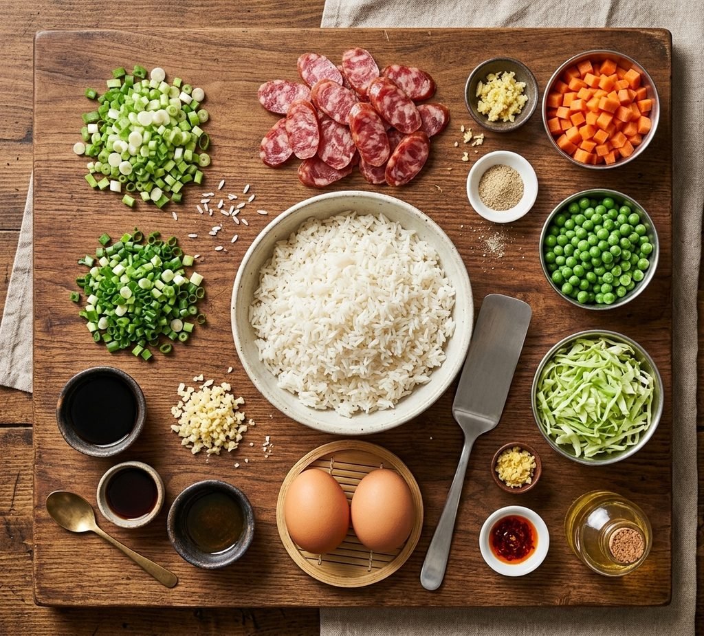 Ingredients prep flat lay for making Chinese Sausage Fried Rice