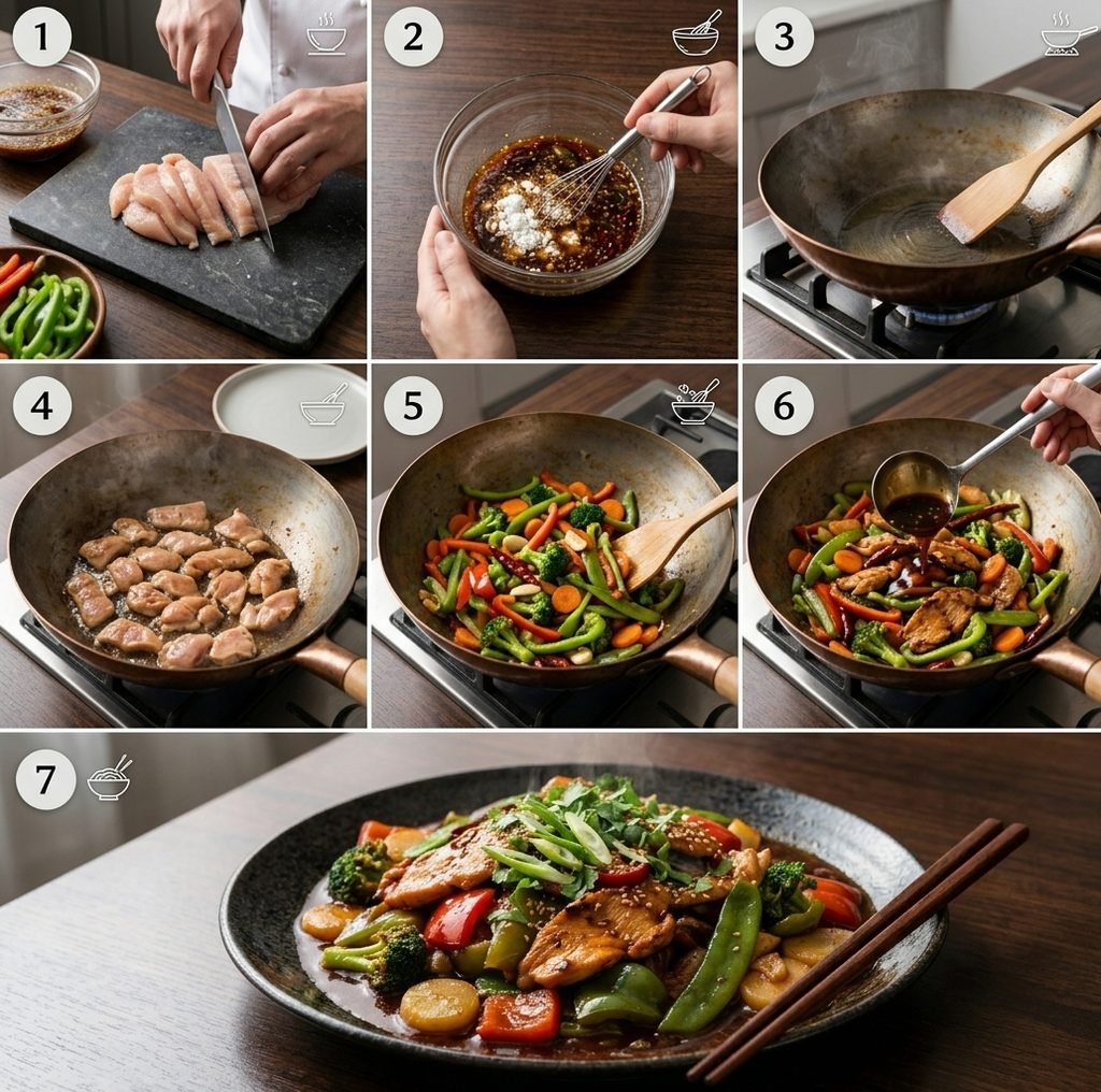 "Wok mein banti hui spicy Hunan Chicken stir-fry, jis mein fresh sabziyan aur chicken dikhaya gaya hai aur sath mein rice ya noodles serve kiye gaye hain."