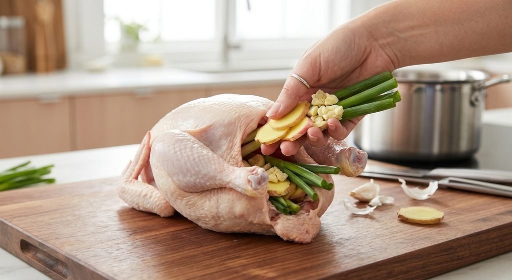 Stuffing whole raw chicken with fresh ginger and scallions for Hainanese Chicken Rice Recipe.