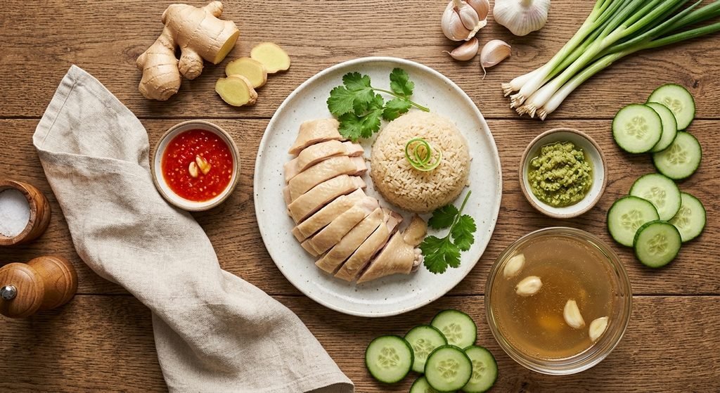 Table flat-lay of chicken, seasoned rice, broth, and sauces with tips for the best Hainanese Chicken Rice Recipe.