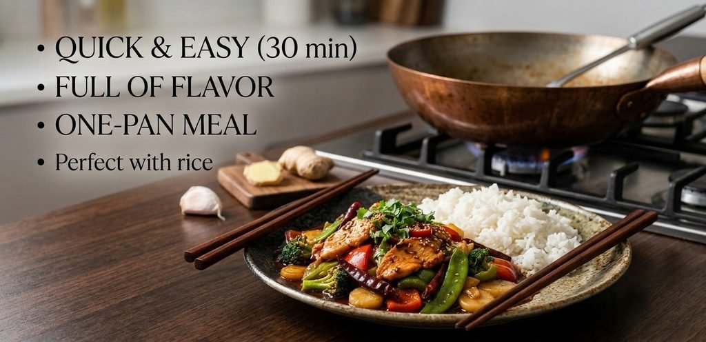 "Wok mein banti hui spicy Hunan Chicken stir-fry, jis mein fresh sabziyan aur chicken dikhaya gaya hai aur sath mein rice ya noodles serve kiye gaye hain."