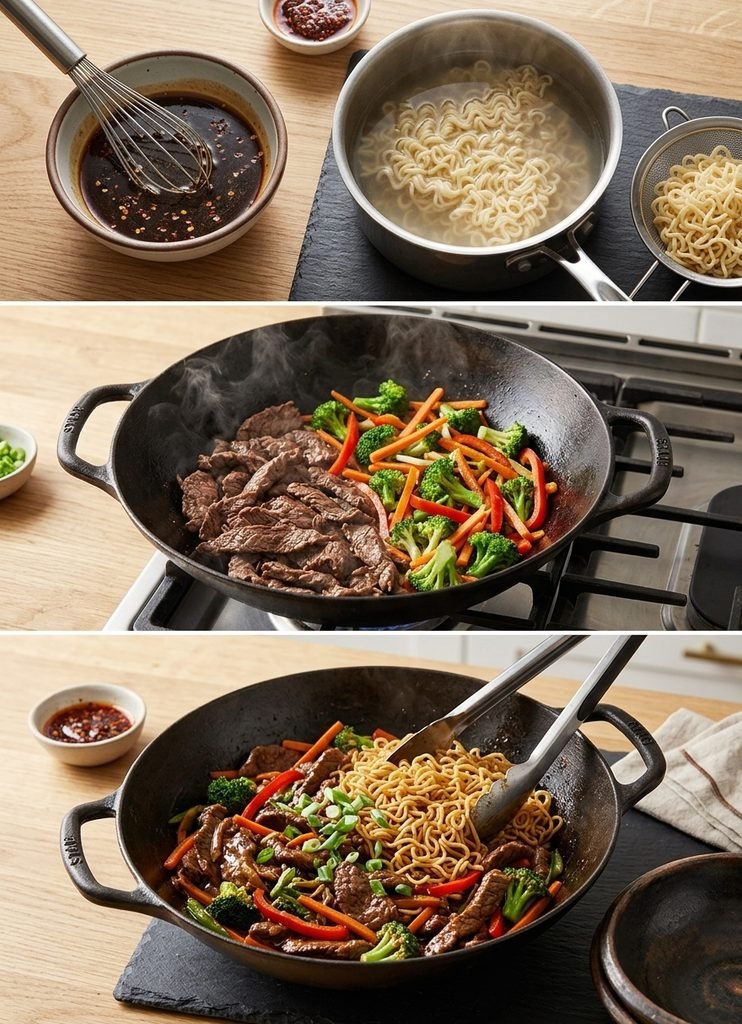 ramen noodles with beef served with vegetables in a savory sauce