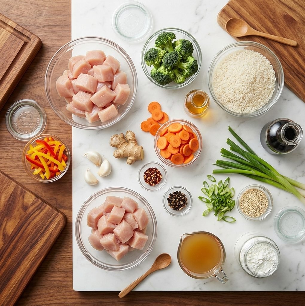 A vibrant collage of food photography illustrating a complete guide to making a delicious chicken stir fry recipe with rice.
