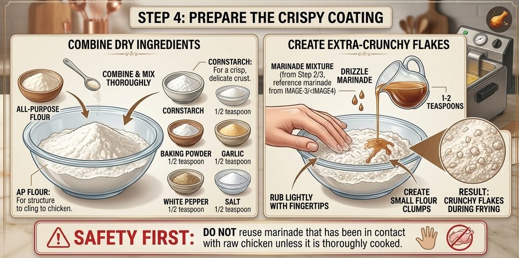 Infographic showing common frying mistakes to avoid for a perfect Chinese Fried Chicken Recipe.