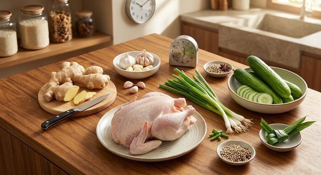 Ingredients and kitchen setup prepared for making a traditional Hainanese Chicken Rice Recipe.