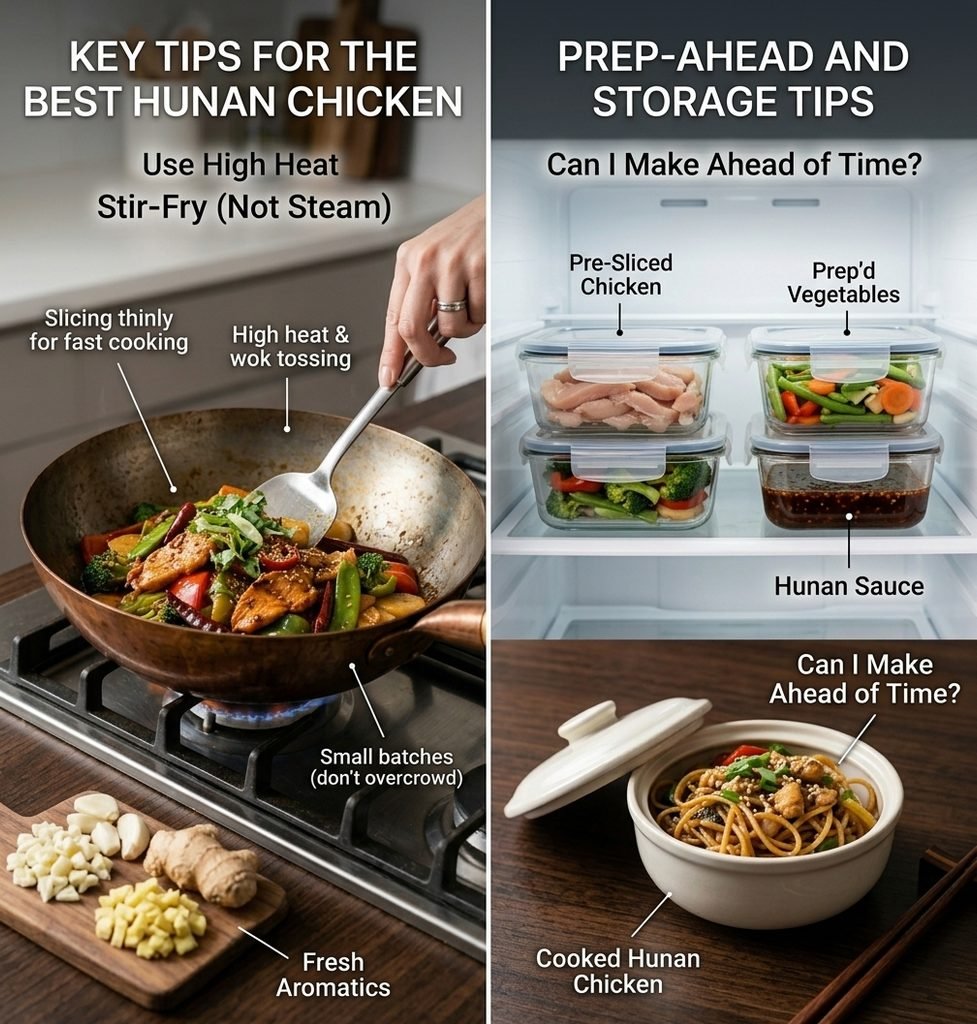 "Wok mein banti hui spicy Hunan Chicken stir-fry, jis mein fresh sabziyan aur chicken dikhaya gaya hai aur sath mein rice ya noodles serve kiye gaye hain."