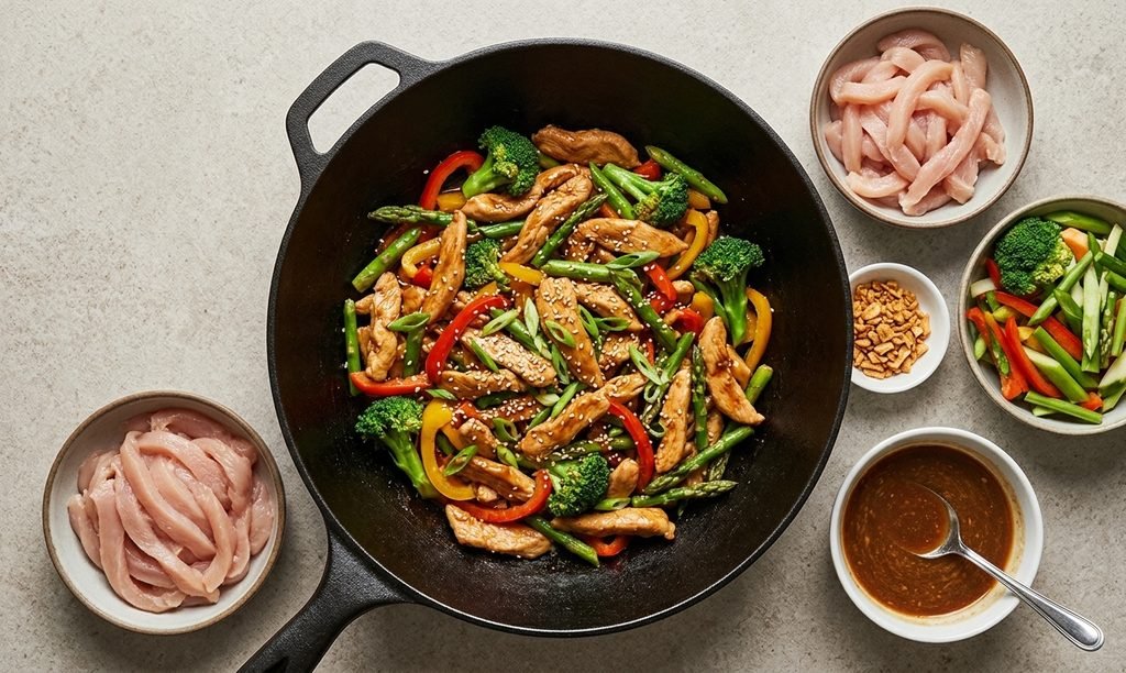 A dynamic action collage showing different stages of cooking and meal prep for a chicken stir fry recipe with rice.