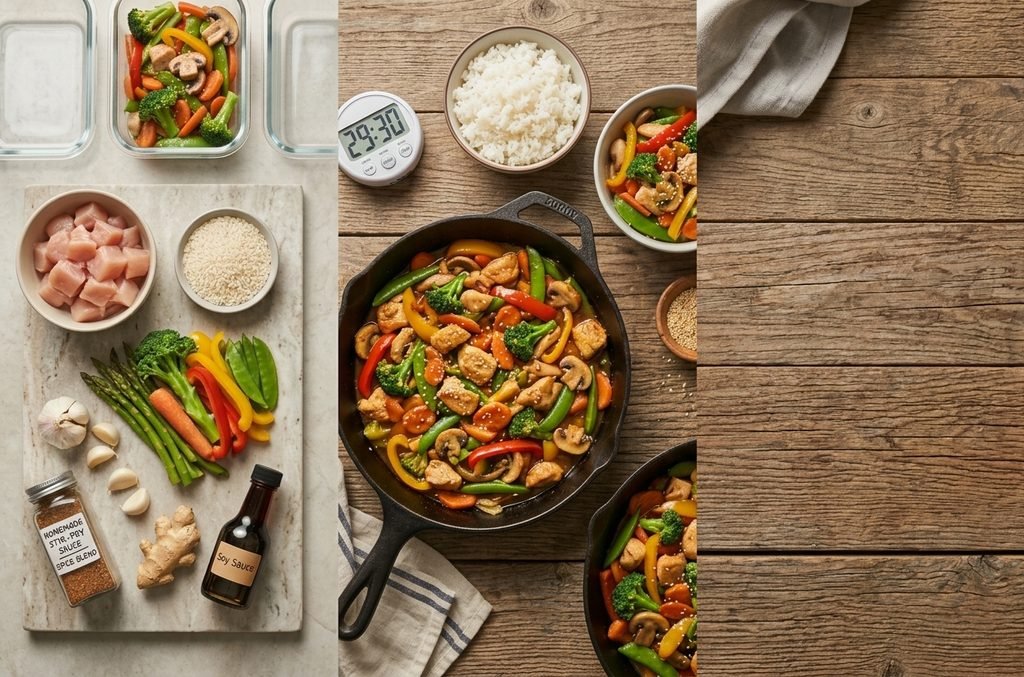 A multi-panel cooking infographic for a healthy chicken stir fry recipe with rice, showing raw ingredients, a wok, and final meal prep containers.