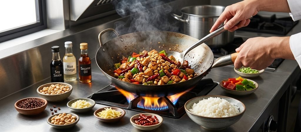 Alt Text: Authentic Kung Pao chicken cooking in a wok with peanuts, perfect for easy chinese dishes recipes.