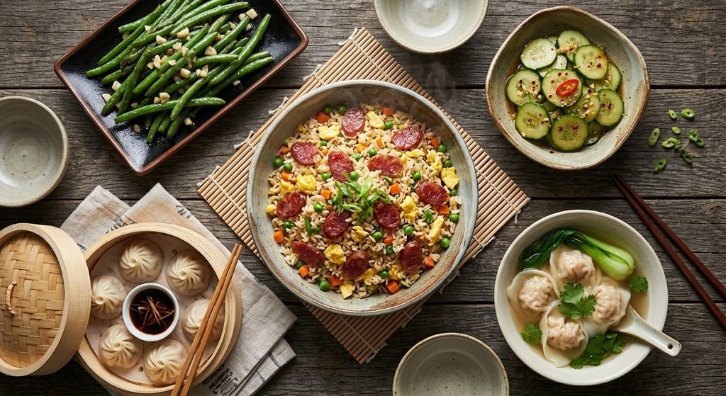 Chinese Sausage Fried Rice served alongside traditional side dishes and dumplings