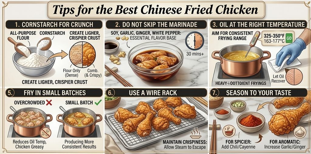 Common mistakes to avoid for the ultimate Chinese Fried Chicken Recipe, covering oil temperature, coating, and resting time.