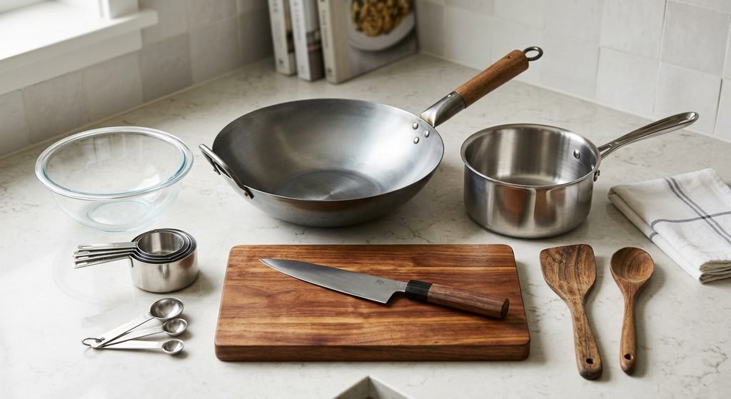 A four-panel step-by-step visual tutorial for cooking an easy chicken stir fry recipe with rice on a stove.