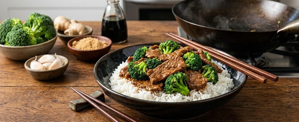 Alt Text: High angle view of cooked beef and broccoli served over rice, representing easy chinese dishes recipes.