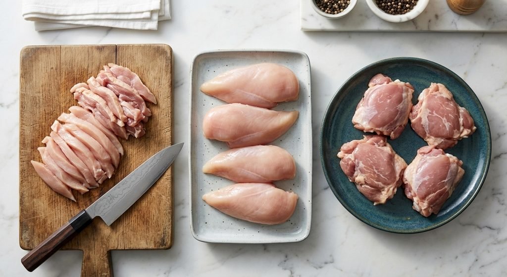 A side-by-side comparison of different meat cuts suitable for a professional-grade chicken stir fry recipe with rice.