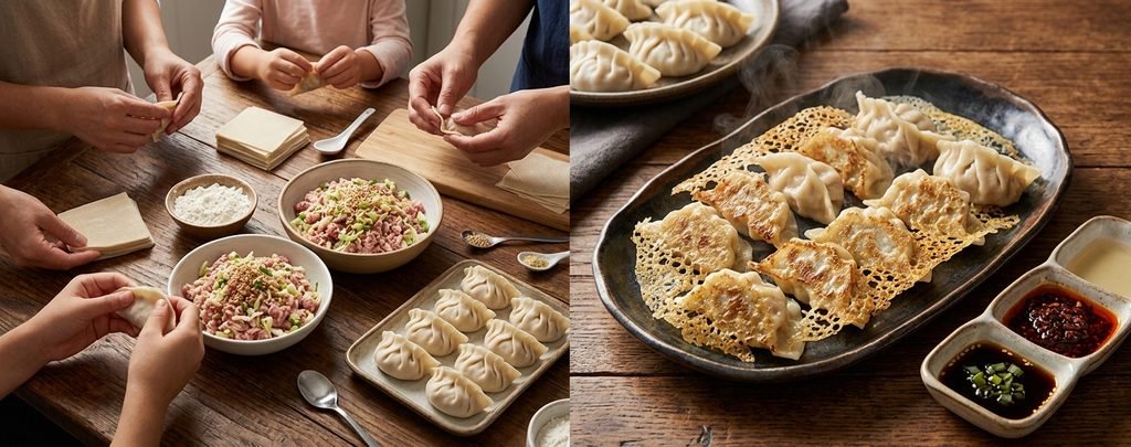 Alt Text: Freshly prepared pan-fried Chinese dumplings on a platter, showcasing easy chinese dishes recipes.