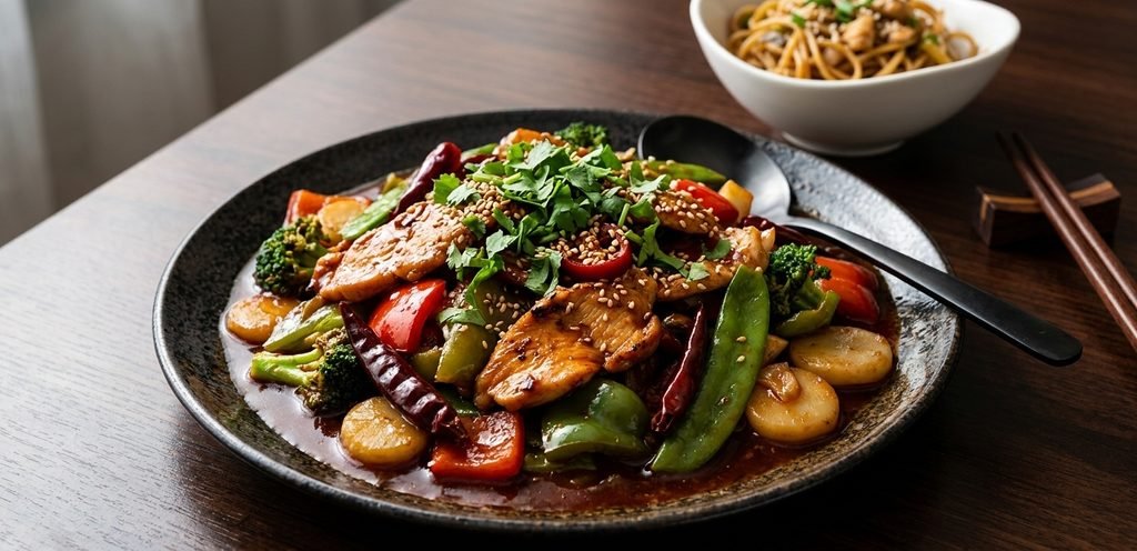 "Wok mein banti hui spicy Hunan Chicken stir-fry, jis mein fresh sabziyan aur chicken dikhaya gaya hai aur sath mein rice ya noodles serve kiye gaye hain."