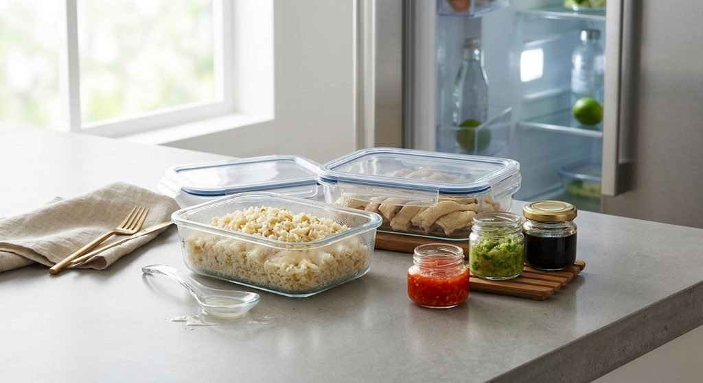 Leftover poached chicken and seasoned rice stored in glass meal prep containers for Hainanese Chicken Rice Recipe.