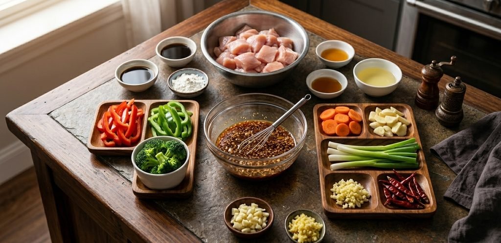 "Wok mein banti hui spicy Hunan Chicken stir-fry, jis mein fresh sabziyan aur chicken dikhaya gaya hai aur sath mein rice ya noodles serve kiye gaye hain."