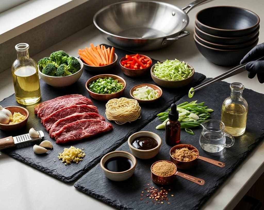 ramen noodles with beef served with vegetables in a savory sauce