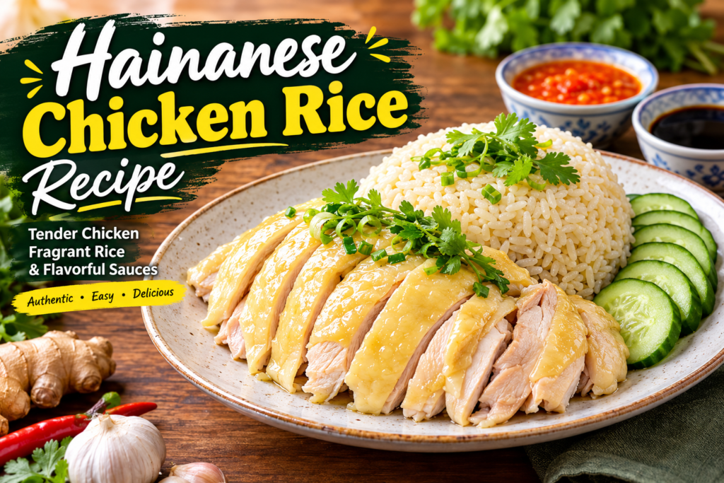 Hainanese chicken rice recipe with sliced poached chicken, fragrant rice, cucumber, and chili sauce