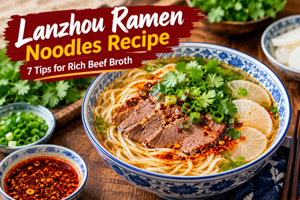 Lanzhou ramen noodles recipe with beef broth, sliced beef, radish, cilantro, and chili oil